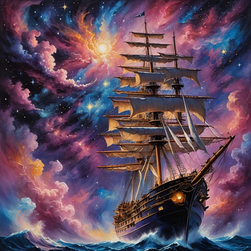 Ship Sails Galaxy: Fantastical Oil Painting