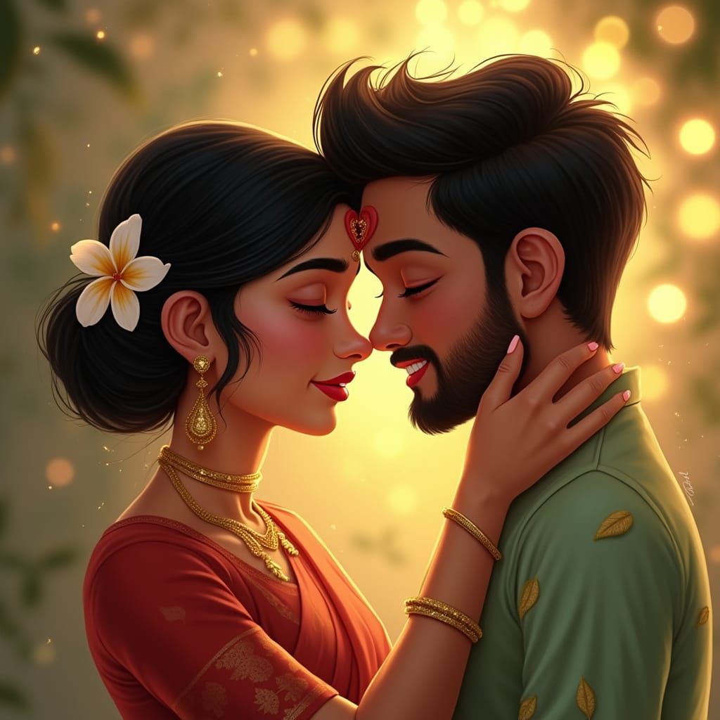 Intimate Digital Painting of South Asian Couple in Whimsical...