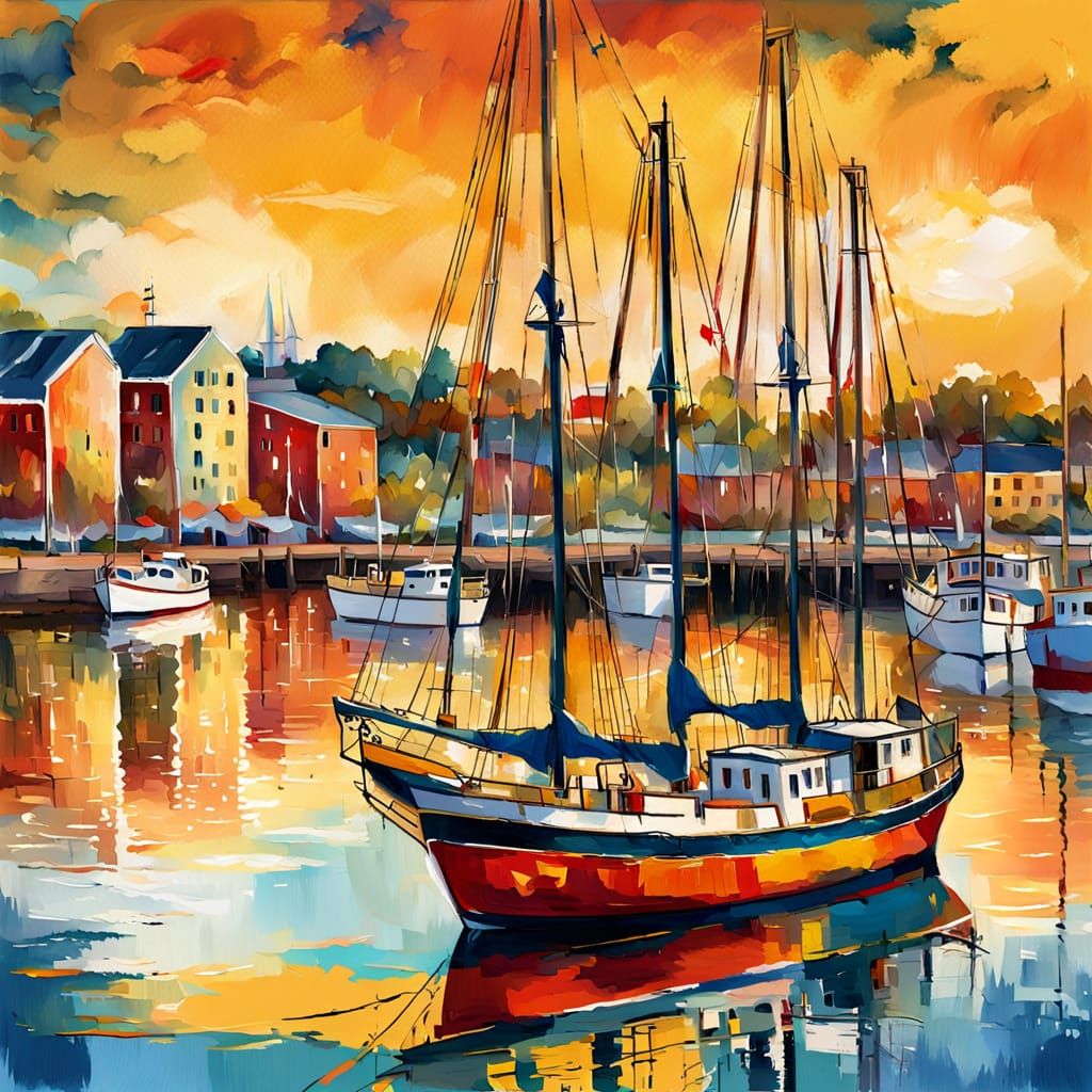 Impressionistic Harbor Scene with Sailing Ships