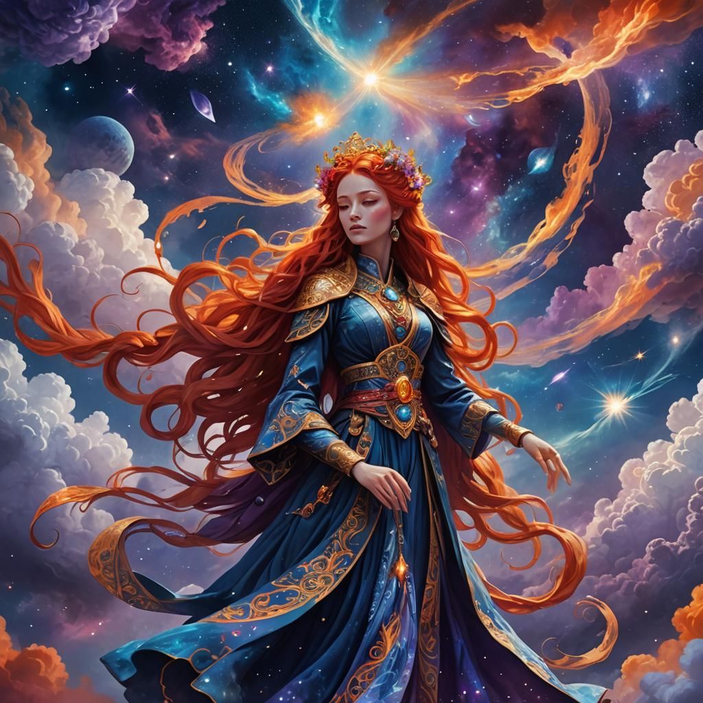 Red-Haired Galaxy Goddess in Celestial Clouds