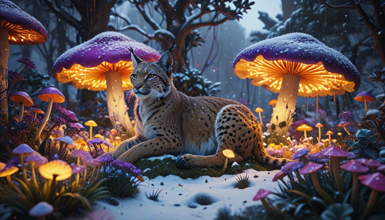 Vibrant Surrealist Scene of Iberian Lynx and Neon Mushrooms