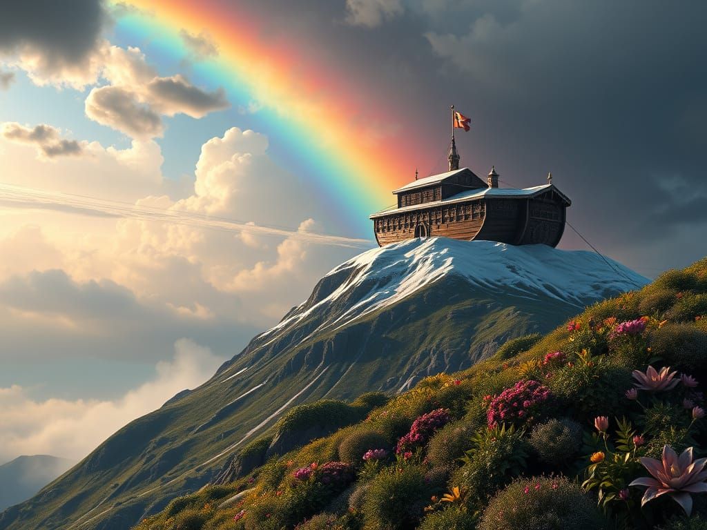Noah's Ark on Mount Ararat with Majestic Rainbow