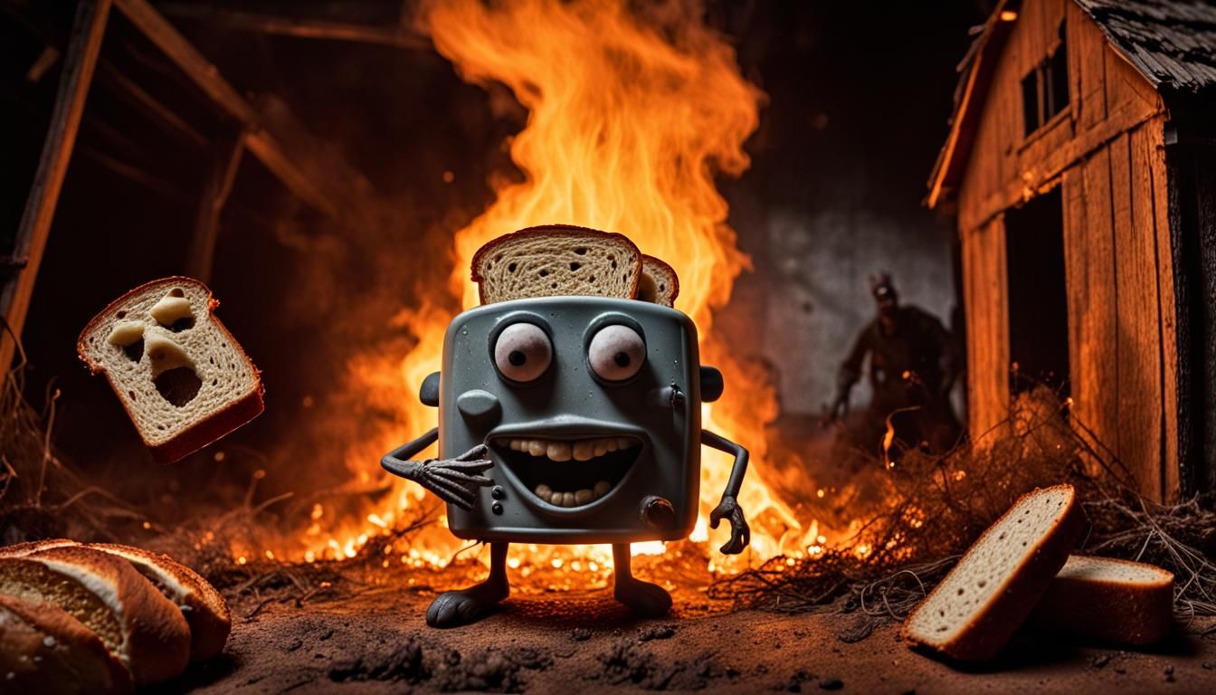 The Evil Toaster chases the Bread through the burning barn.