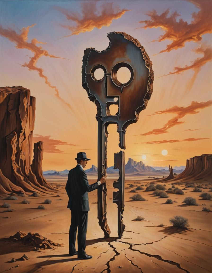 Keyhole Man and Giant Key in Surreal Desert