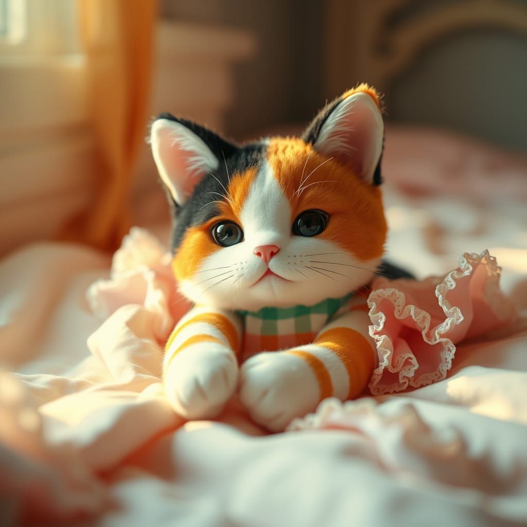 Whimsical Calico Cat Plushie in Soft Gingham, Resting on Pas...