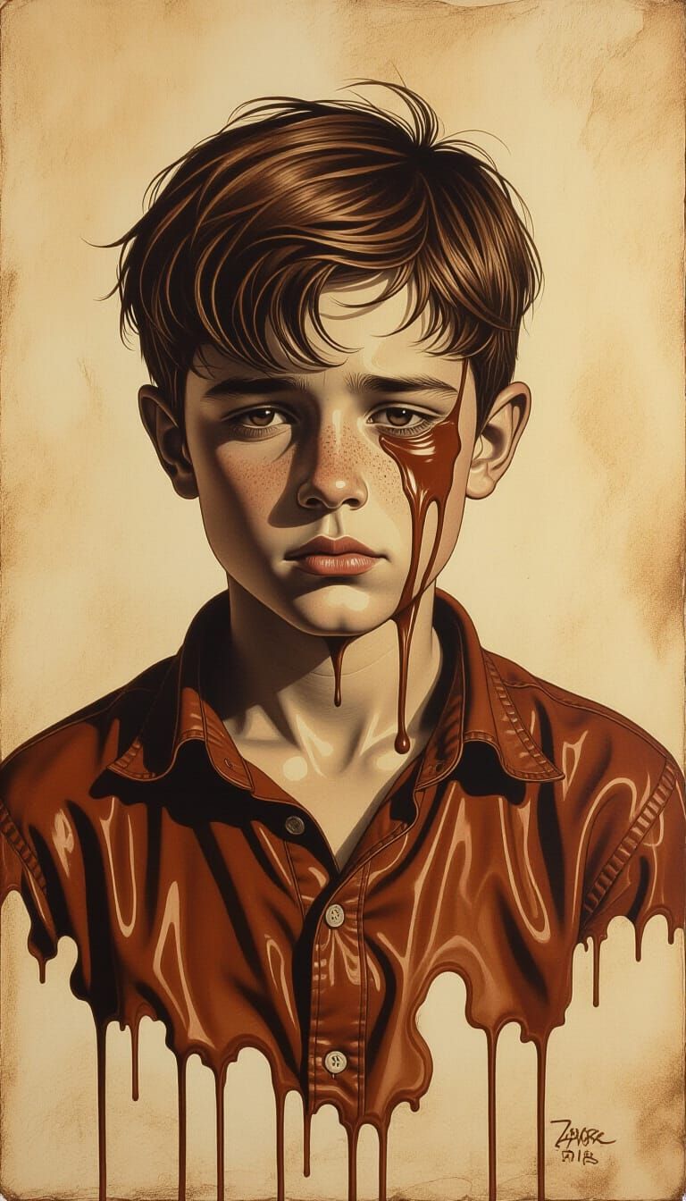Melancholic Boy in Chocolate Tones, Etching Style