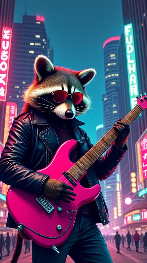 Raccoon Rockstar in Neon Cityscape