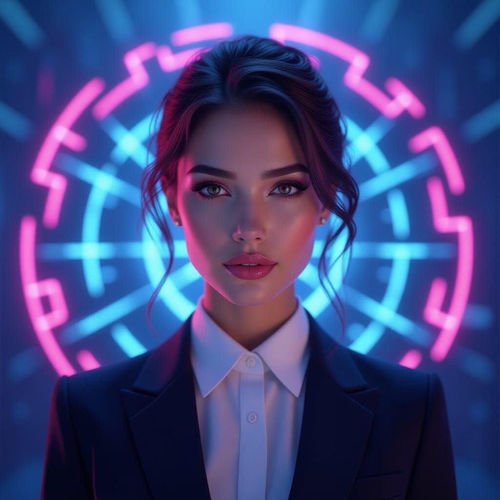 Neon Glyphs Surround Young Woman in Cyberpunk Style