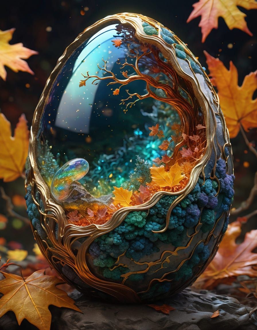 Ethereal Autumn Dragon Egg within a Lush Geode