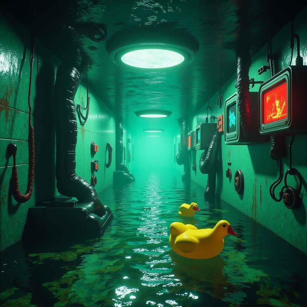 Retro Game Scene: Rubber Duck in Submerged Hallway