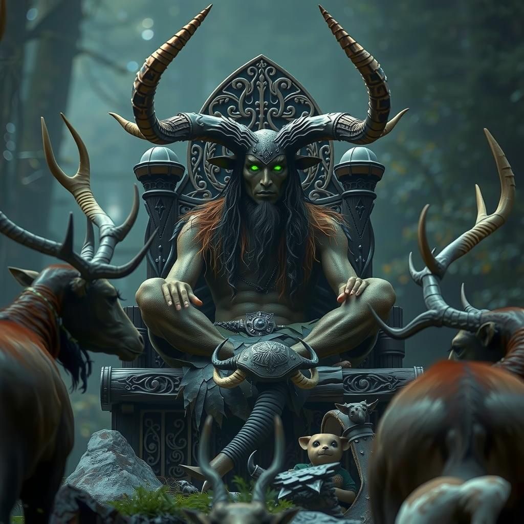 An image of a Cernunnos horned Celtic god in the moorlands brilliant glowing green eyes, sitting on a natural Celtic thr...