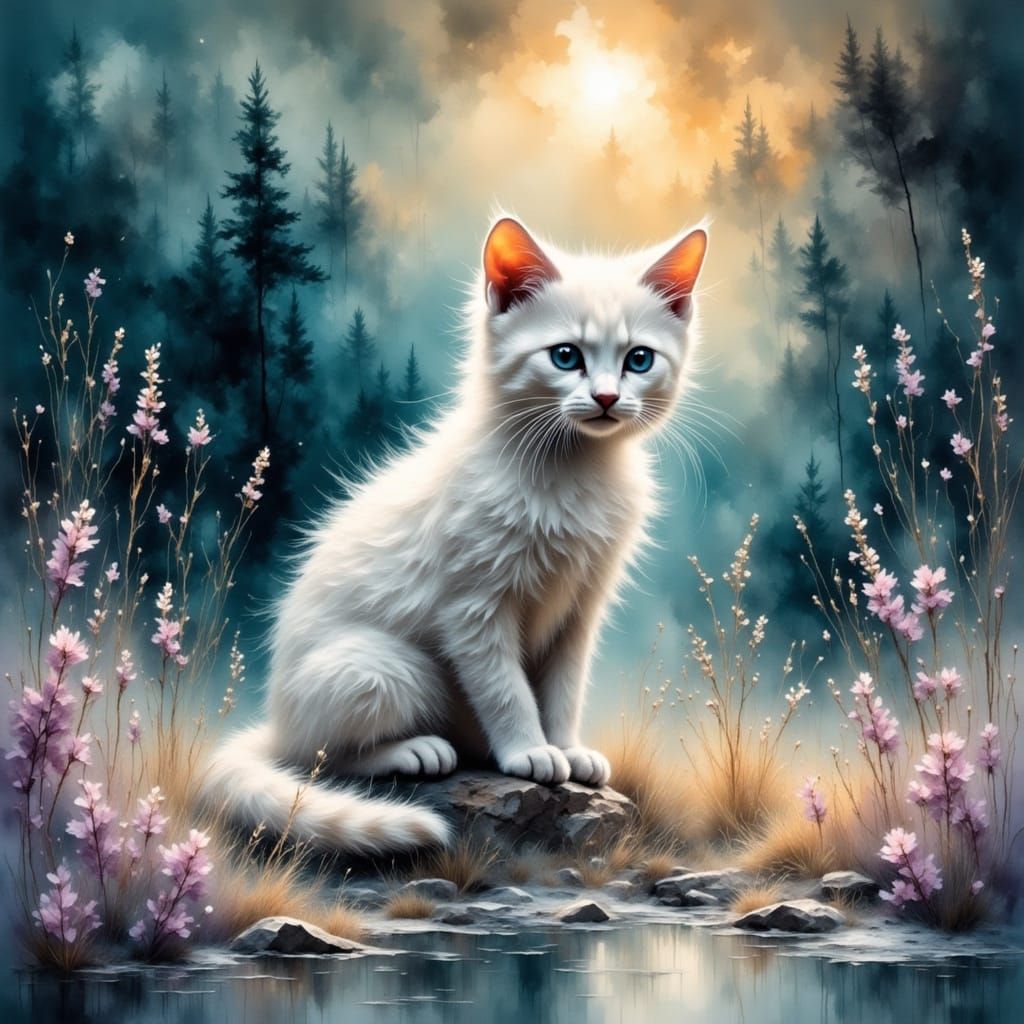 Whimsical Oil Painting of a Snowy Kitten in a Misty Meadow