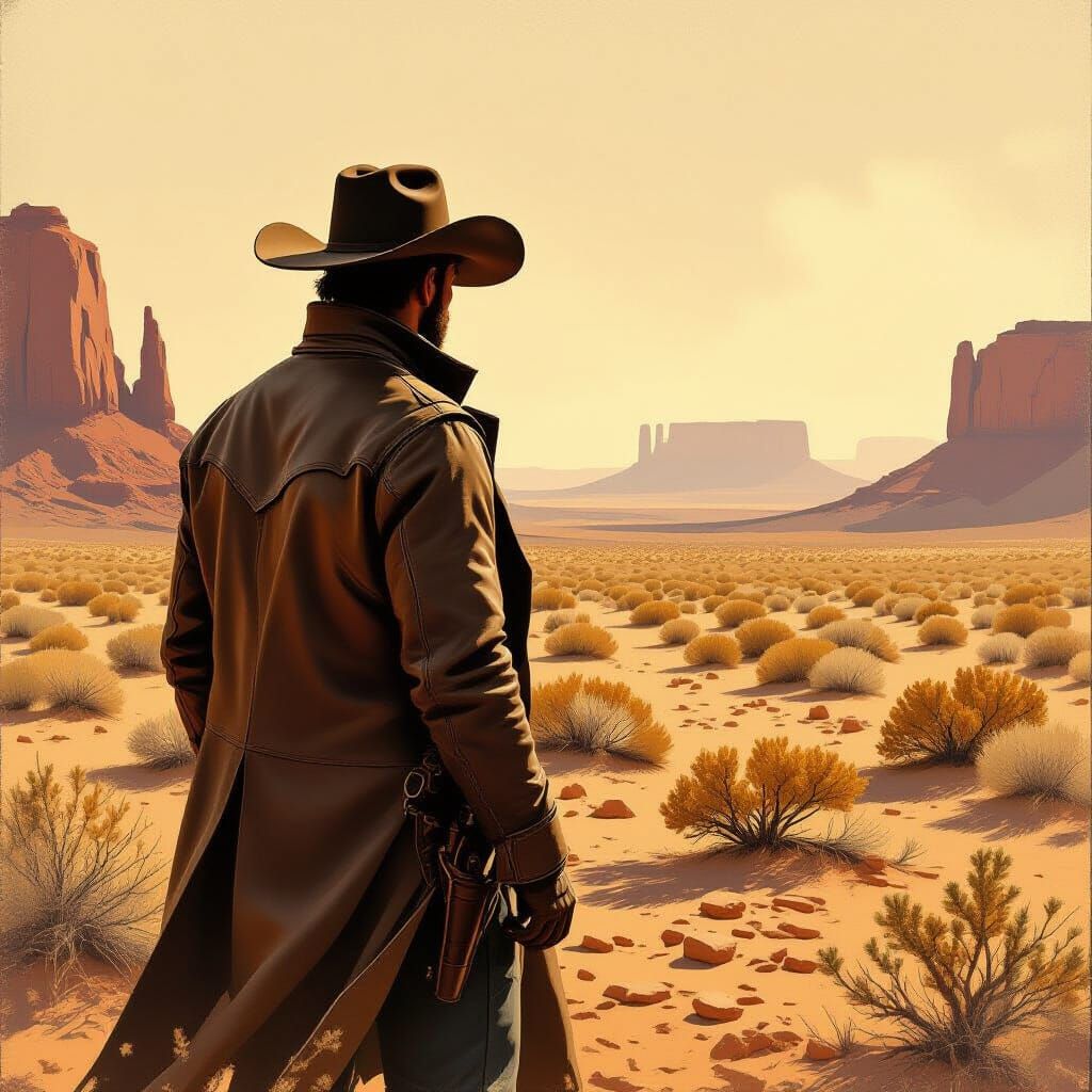 Lone Cowboy in Western Desert, Classic American Painting