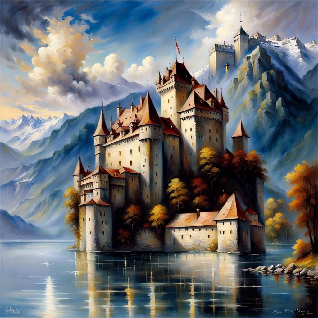 Chateau de Chillon: Dreamlike Oil Painting at Sunrise