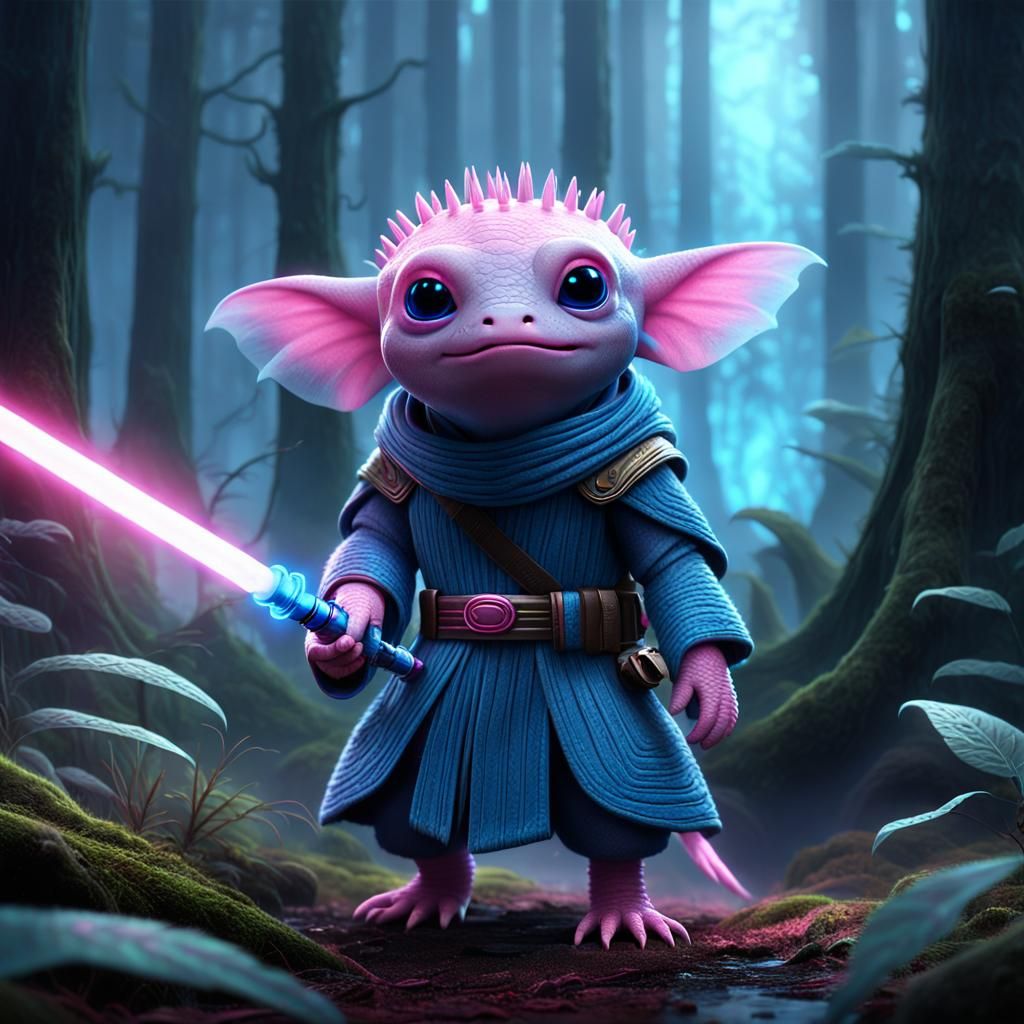 Axolotl Jedi Knight in Misty Forest