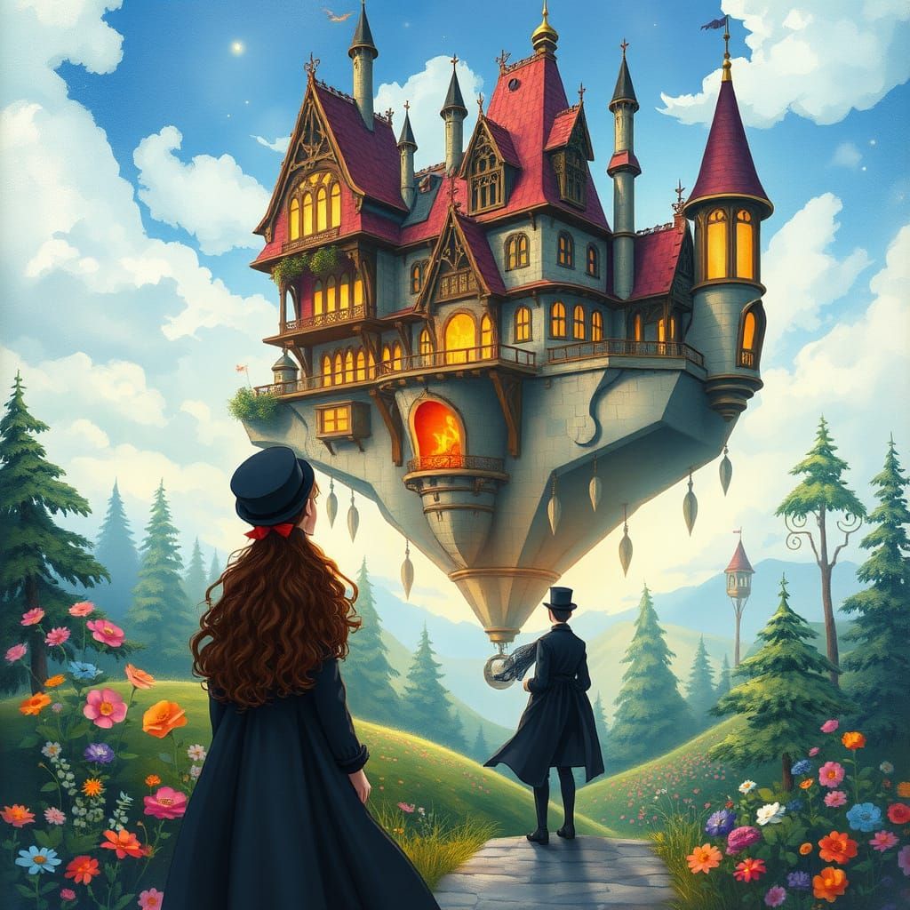 Whimsical Dreamlike Castle Floating Above a Lush Garden