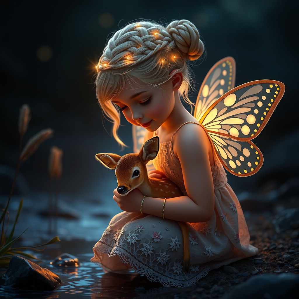 Girl with Deer in Enchanted Forest