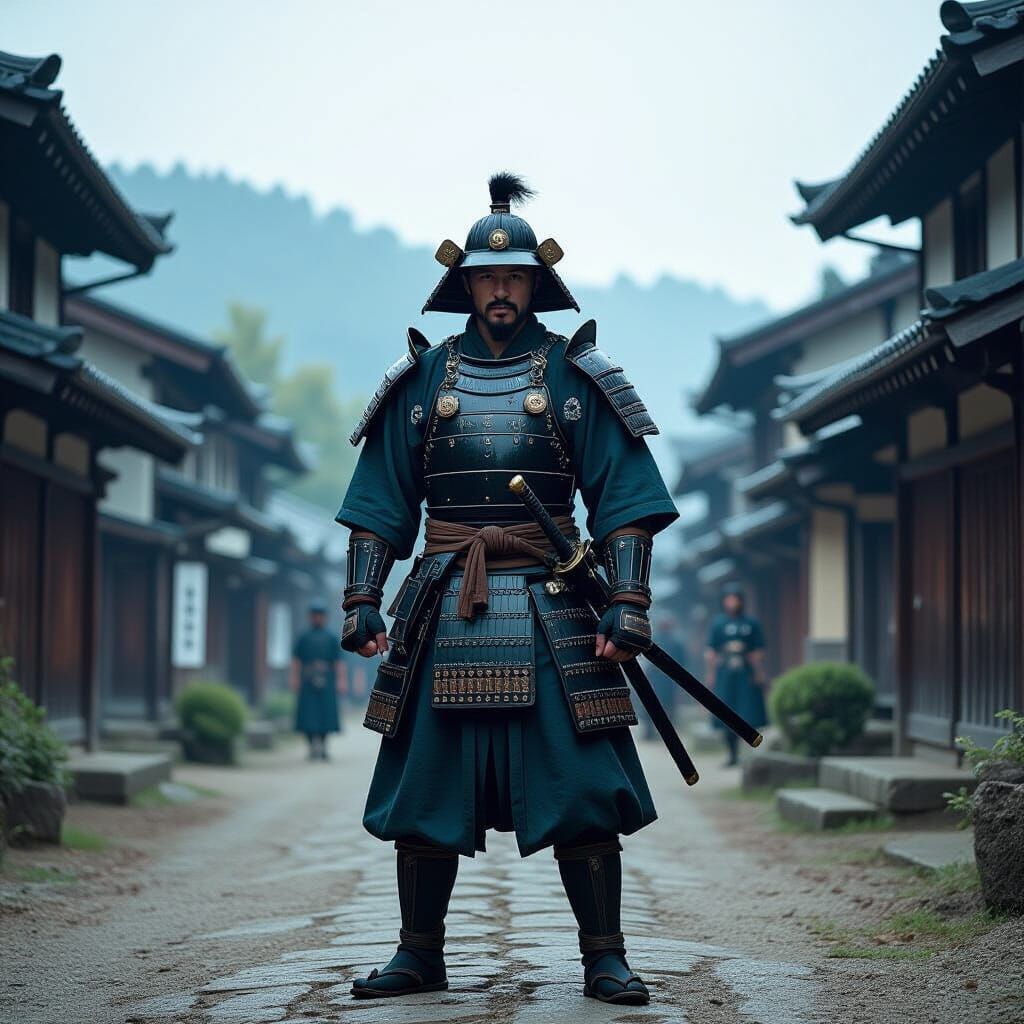 Medieval Japanese Warrior in Village - Cinematic Masterpiece