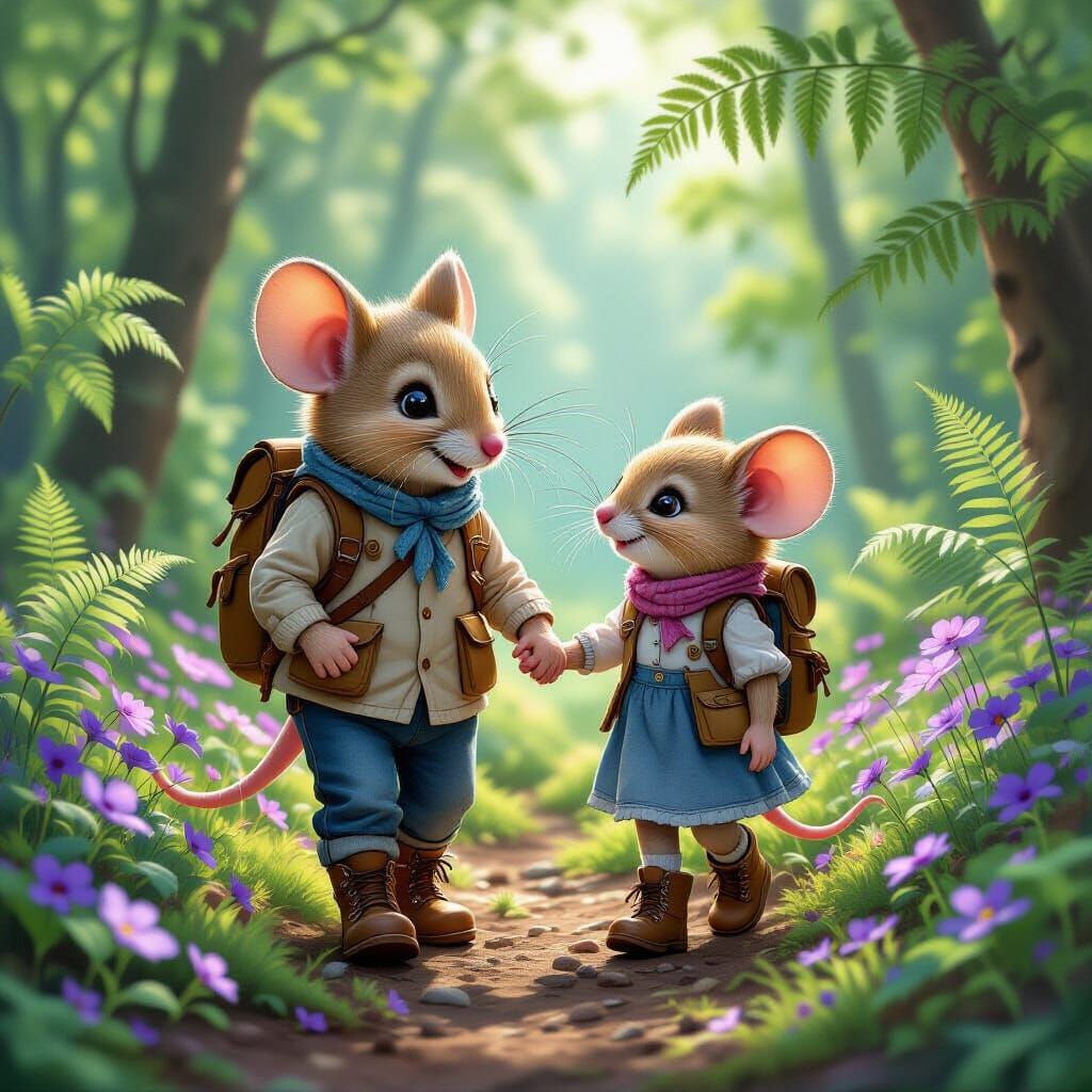 Mouse Father and Daughter Hiking in Forest
