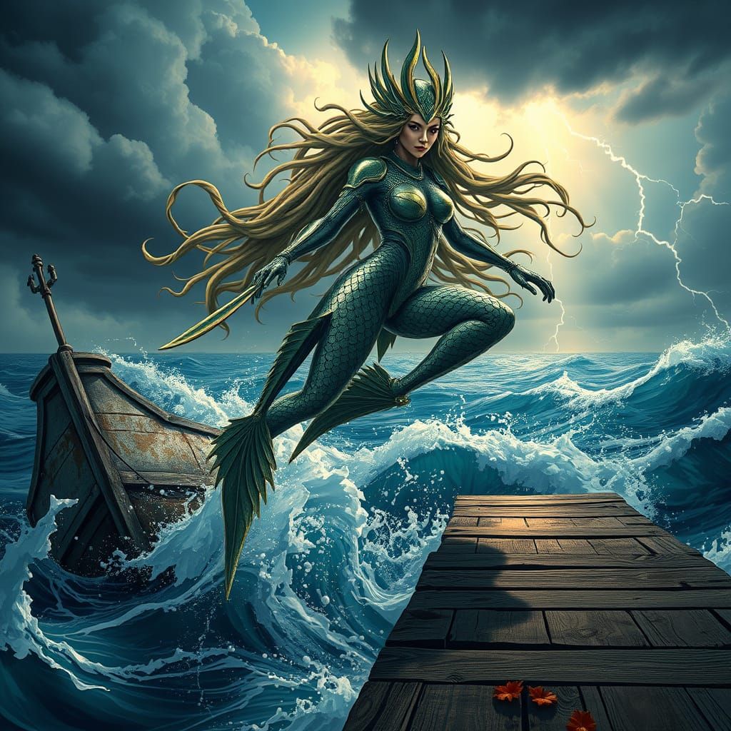 Cyberpunk Fantasy Sea Queen Ascends Amidst Turbulent Ocean