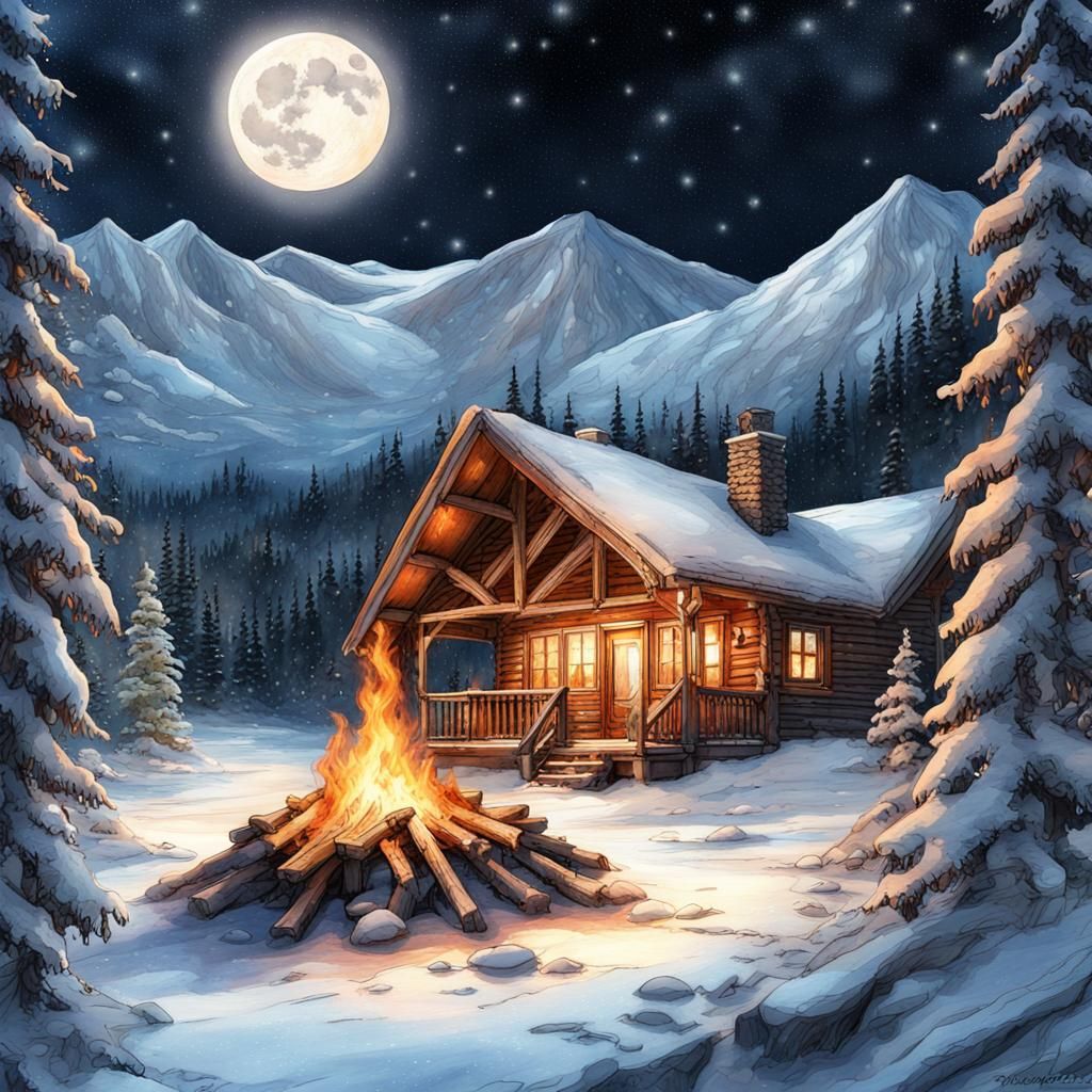 Winter Ski Lodge Bonfire Under Starry Sky