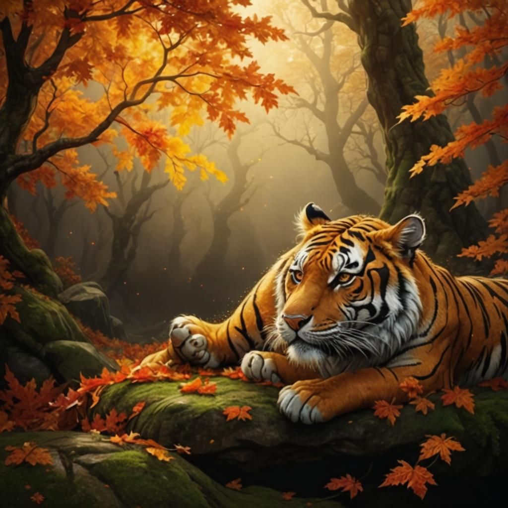 Abstract Tiger Made of Autumn Leaves