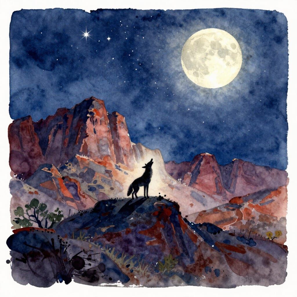 Moonlit Superstition Mountains Watercolor Painting