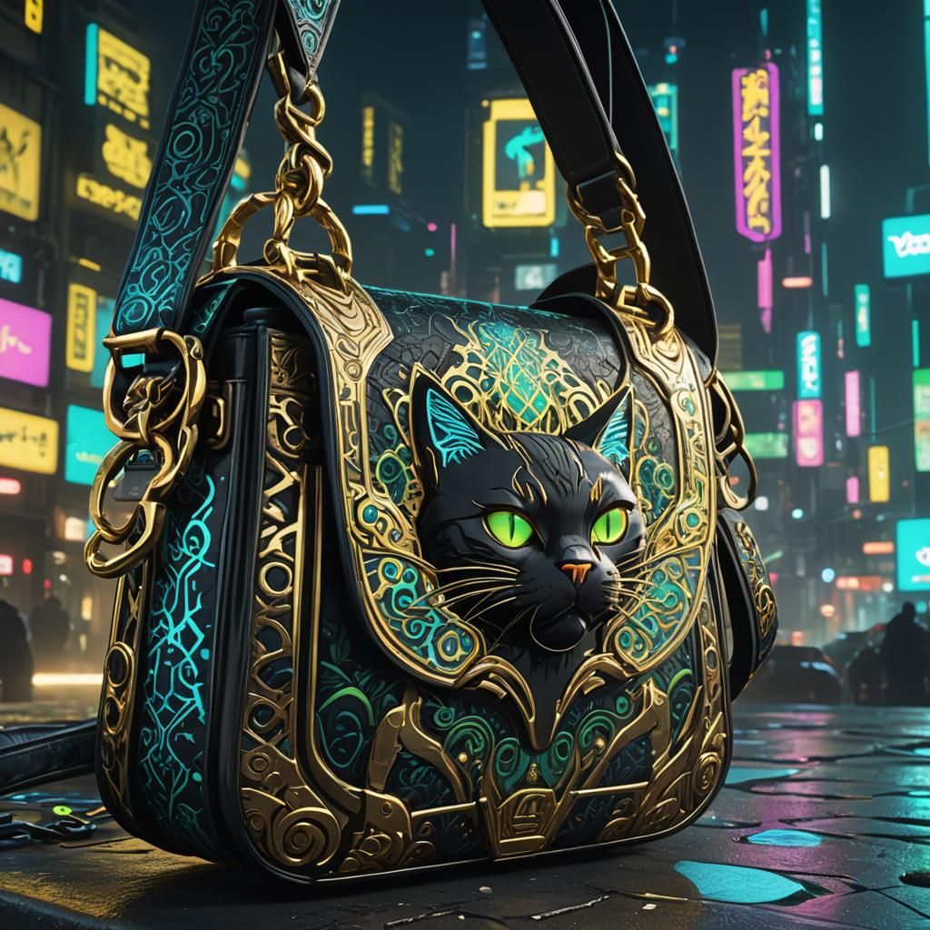 Cyberpunk Cat Bag with Damask Patterns and Neon Lights