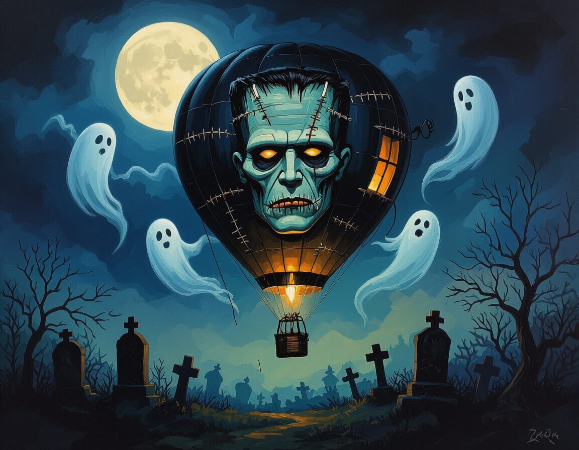 Frankenstein Hot Air Balloon Over Spooky Graveyard
