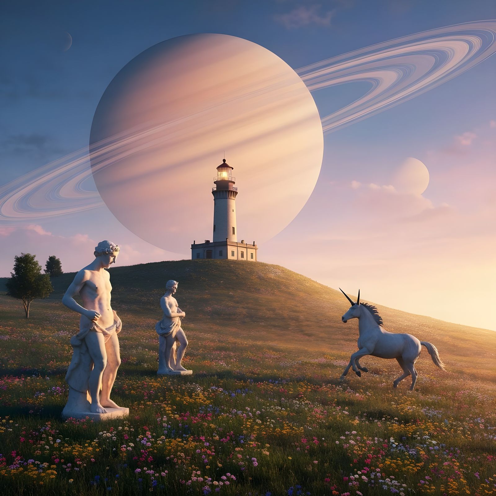 Surreal Lighthouse Dreamscape with Marble Statues