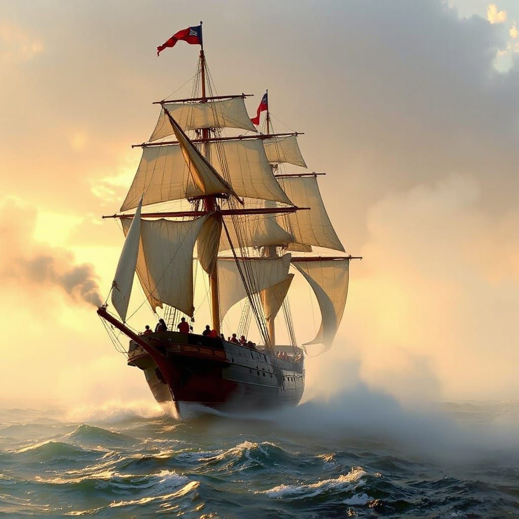 Misty Seine Mouth with Majestic Sailing Ship