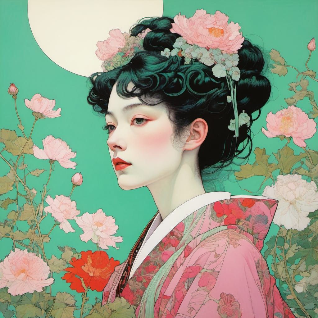 Organic Line Drawing in Pastel Pink and Green