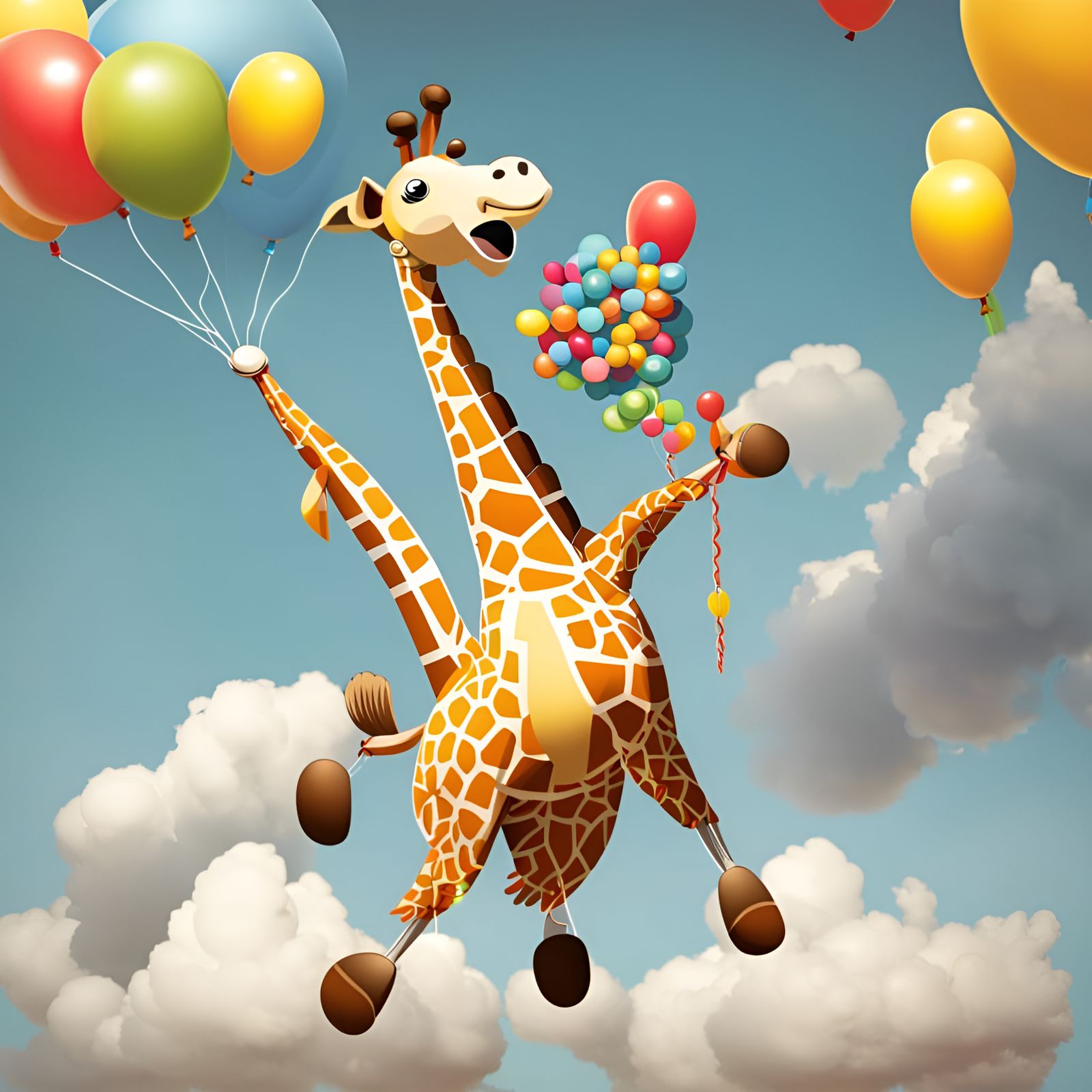 Smiling Giraffe Ascends with Balloons