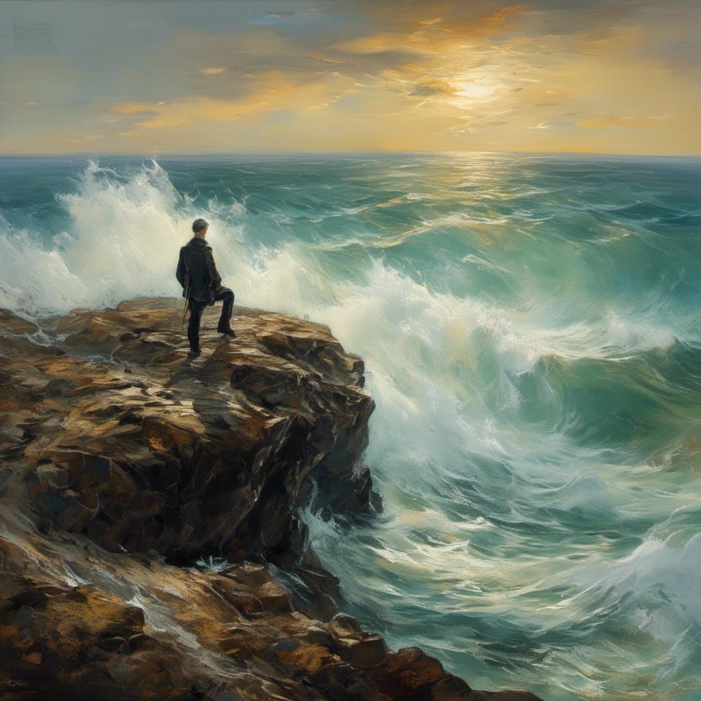 Man's Silhouette on Rocks, Oil Painting