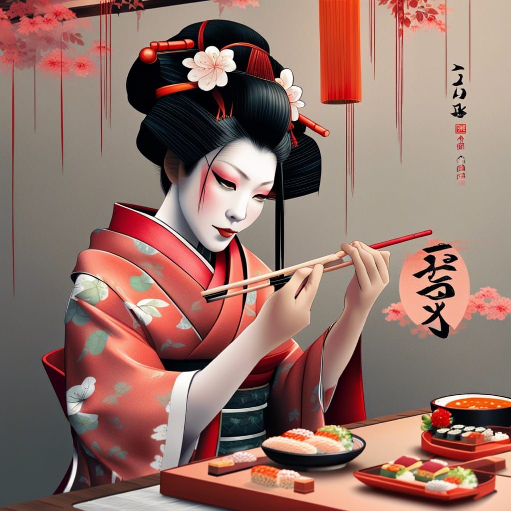 Geisha Enjoying Sushi: A Modern Portrait