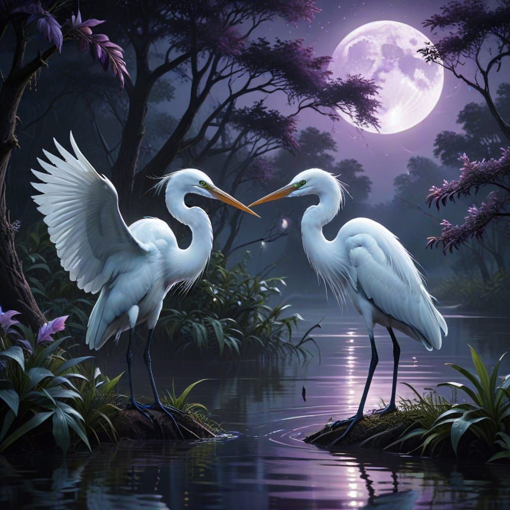Egrets Under Crescent Moon: Hyperrealistic Digital Painting