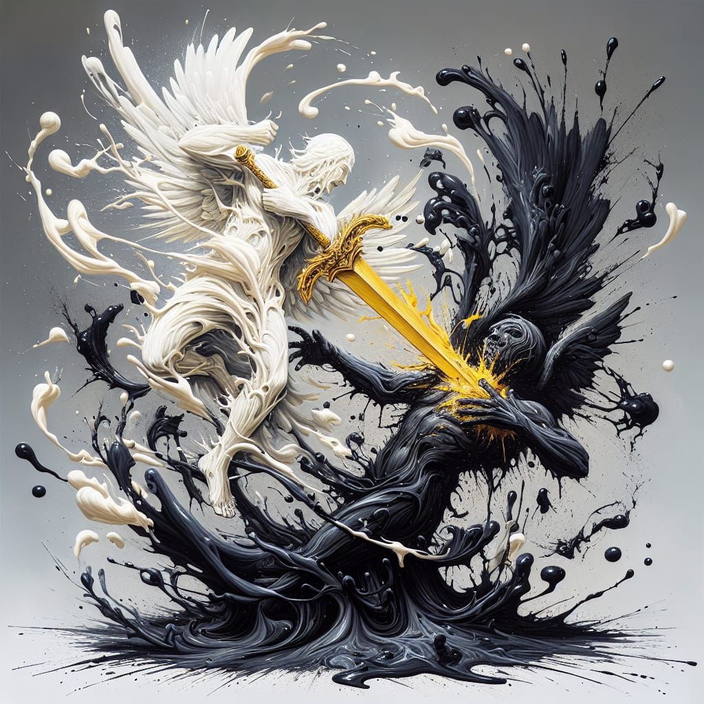 Ink Humanoid Battle: Light Versus Shadow in Gouache