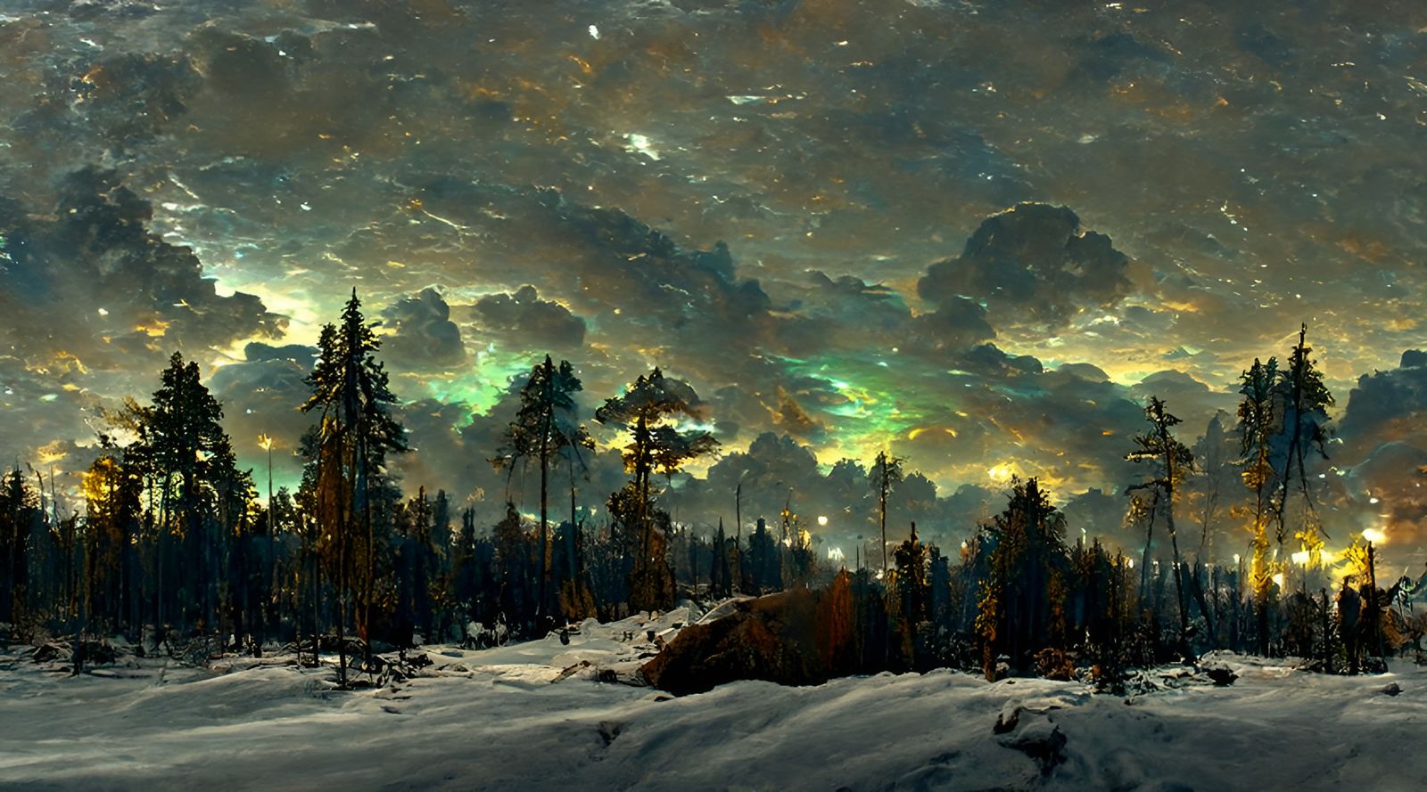 Post-Apocalyptic Winter Landscape with Aurora Borealis