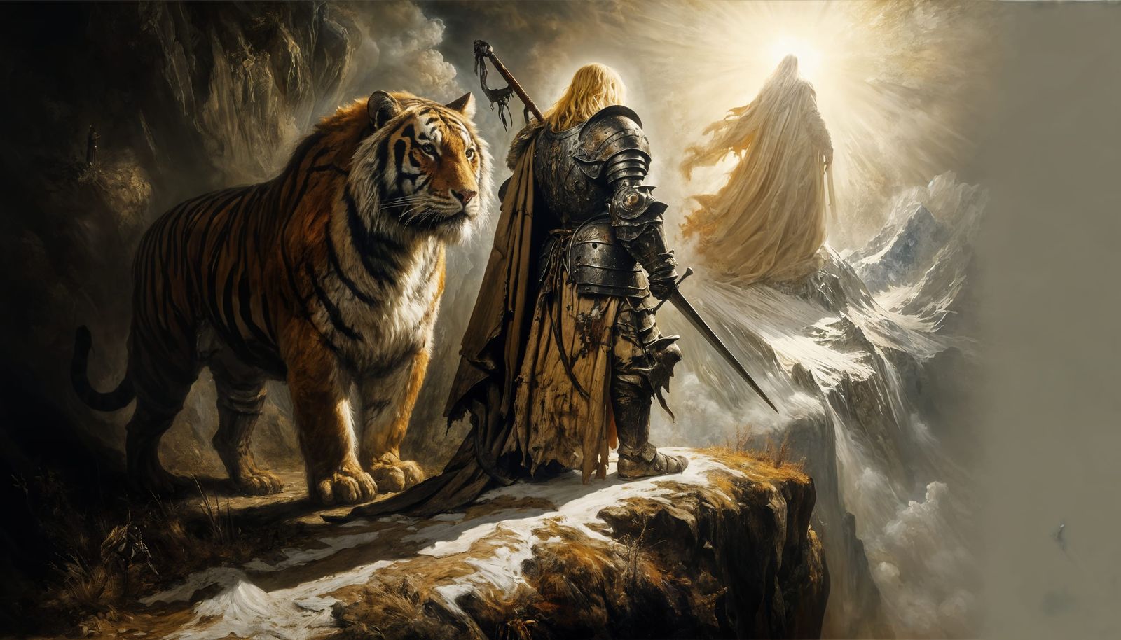 Elf Warrior Goddess with Regal Tiger in Tenebrism Oil Painti...