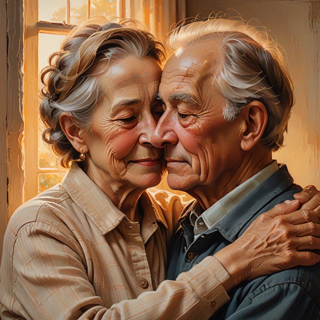 Elderly Couple Hugs in Warm Golden Hour Oil Painting