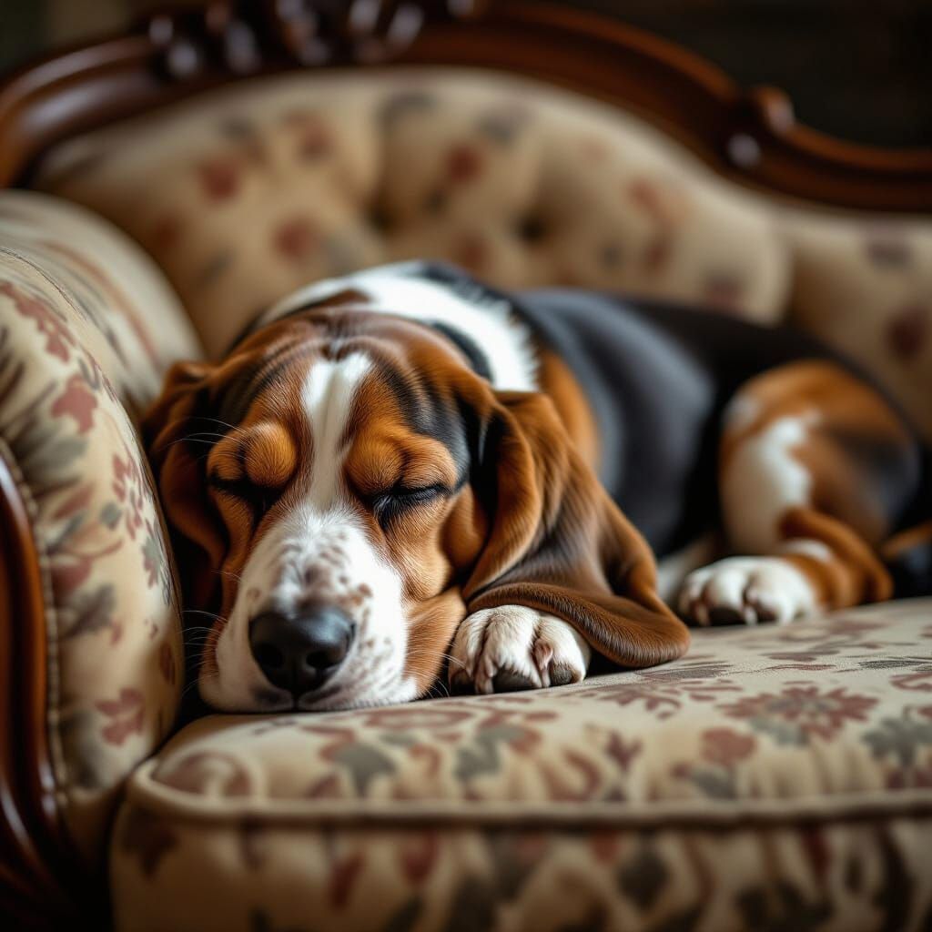 Cinematic Film Still: Basset Hound Asleep on Antique Chaise ...
