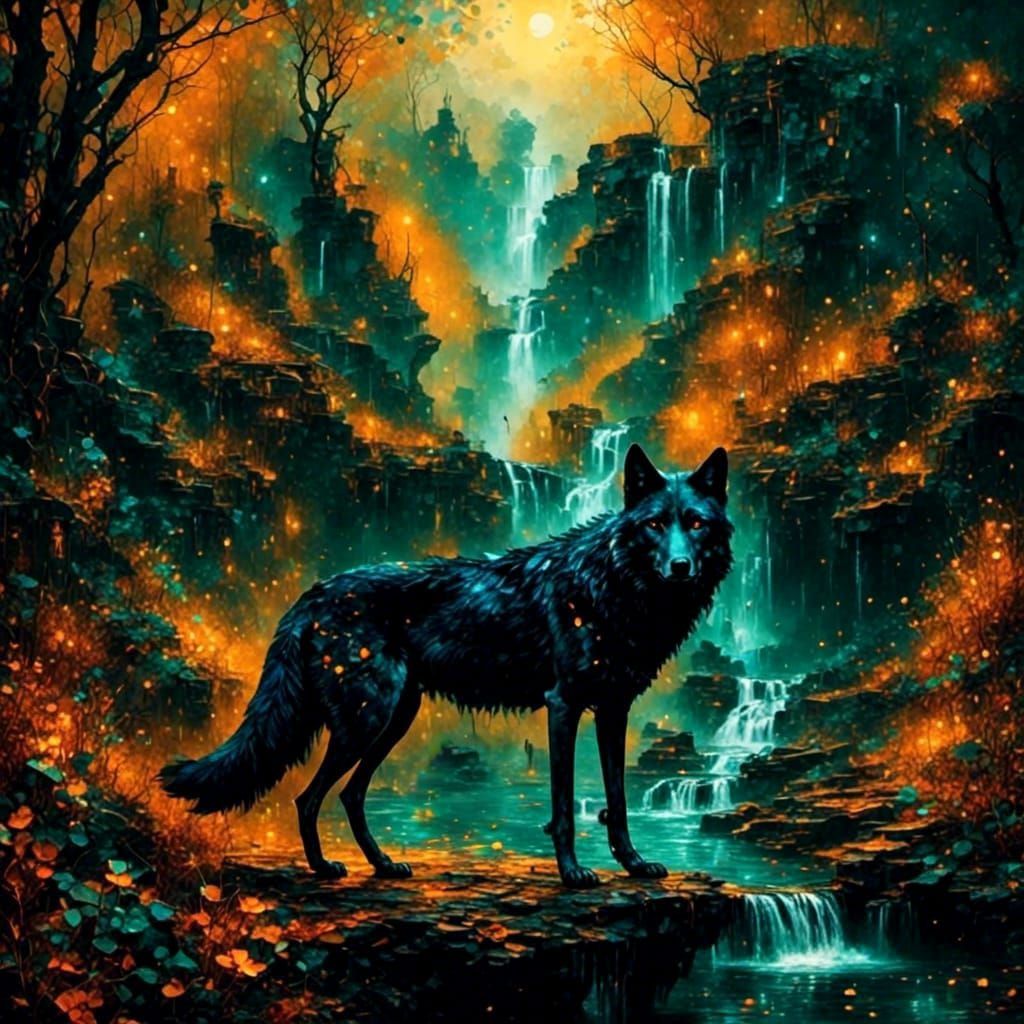 Black Wolf at Waterfall in Painterly Style