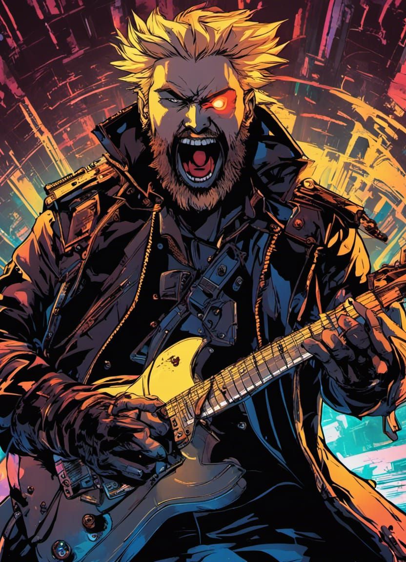 Cyberpunk Rockstar Anime Man with Electric Guitar