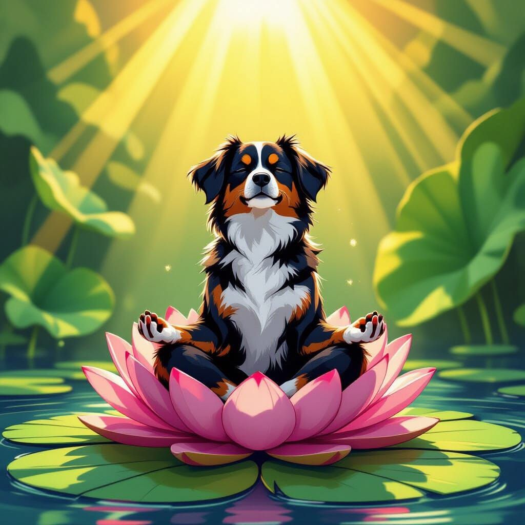 Meditating Dog on Lotus Plant in Cel-Shaded Style