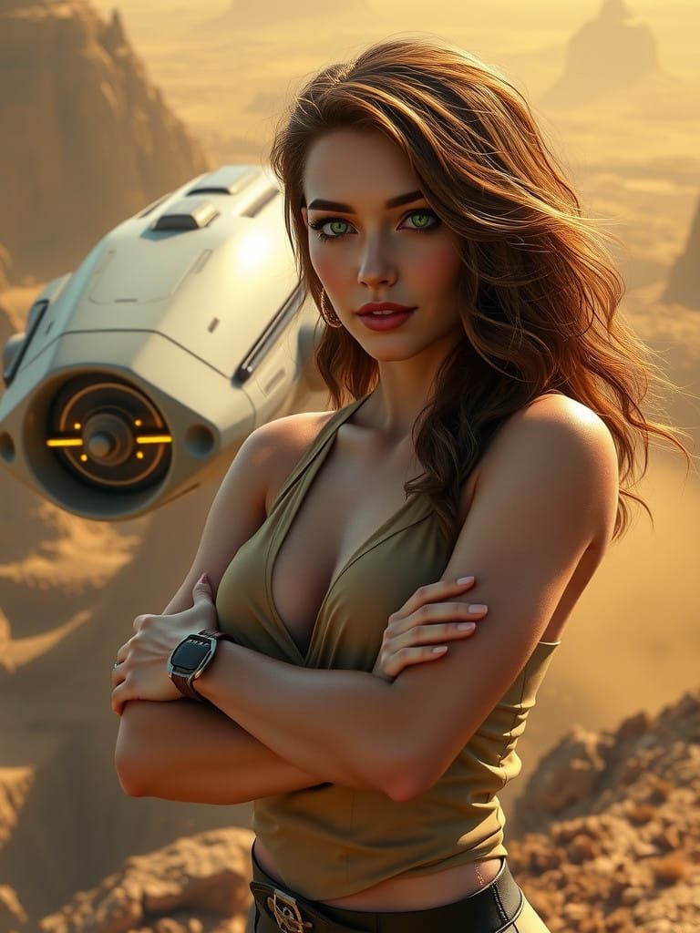 Confident Woman in Futuristic Spaceship Landscape with Neon....