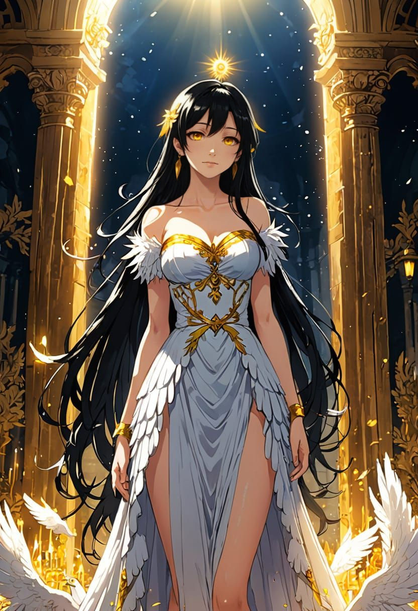 Mysterious Anime Goddess in Elegant Feathered Dress