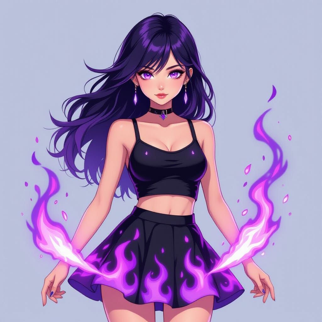 Anime Girl with Purple Fire Skirt and Mystic Aura
