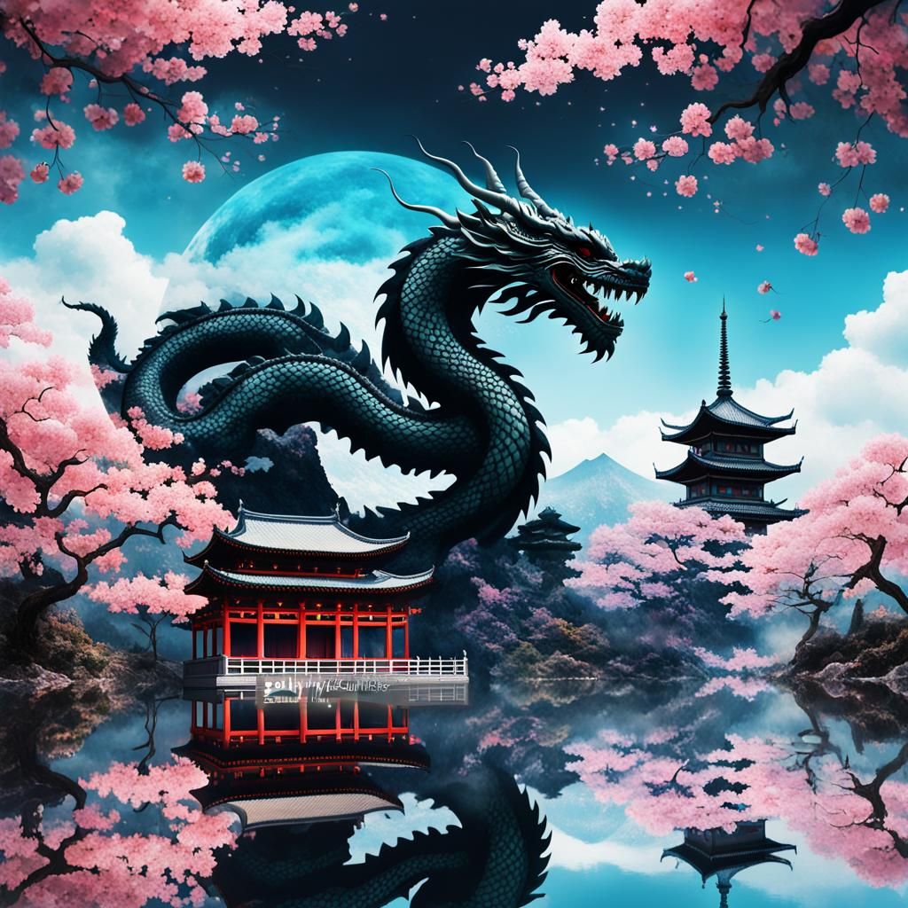 Surreal Dragon Silhouette with Japanese Temple