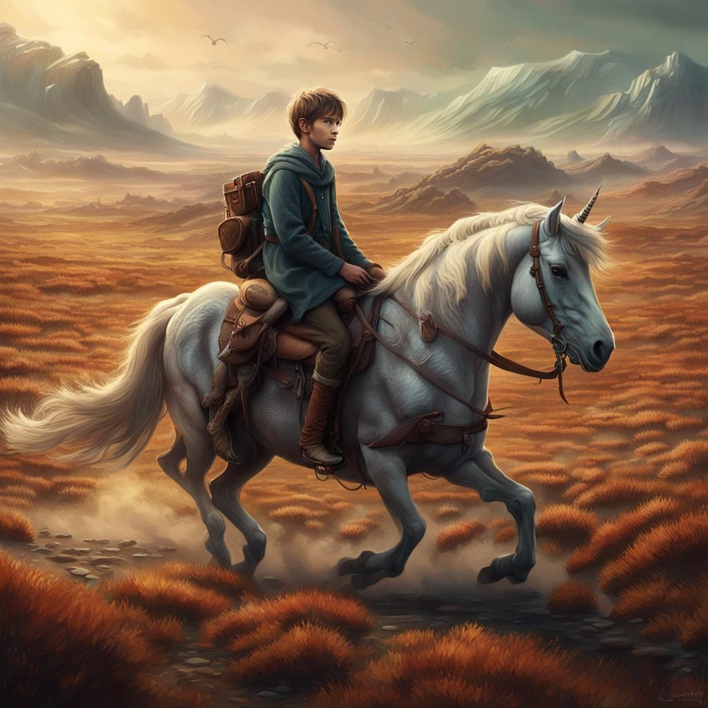 Boy and Unicorn Ride Across the Plains