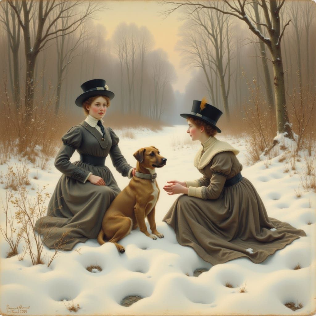 Girls and Dog Play in Snowy 1910s Winter Scene